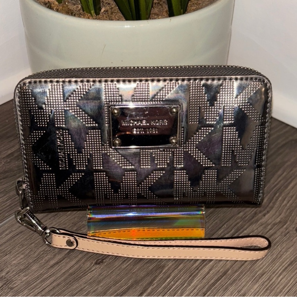 Michael Kors Mirrored Metallic Grey Wallet Wristlet